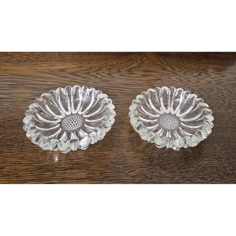2 Vintage Hazel Atlas Glass Daisy Flower Candlestick Holder Ashtray Trinket Dish